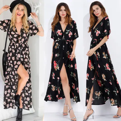 Для женщин леди Boho Цветочные длиной макси платье v образным вырезом с длинным