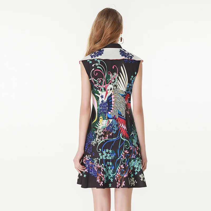 

High Quality 2019 Spring Summer Women's Dress Fashion Casual Flower Print Doll Collar Sleeveless High Waist Ruffled Ladies Dress
