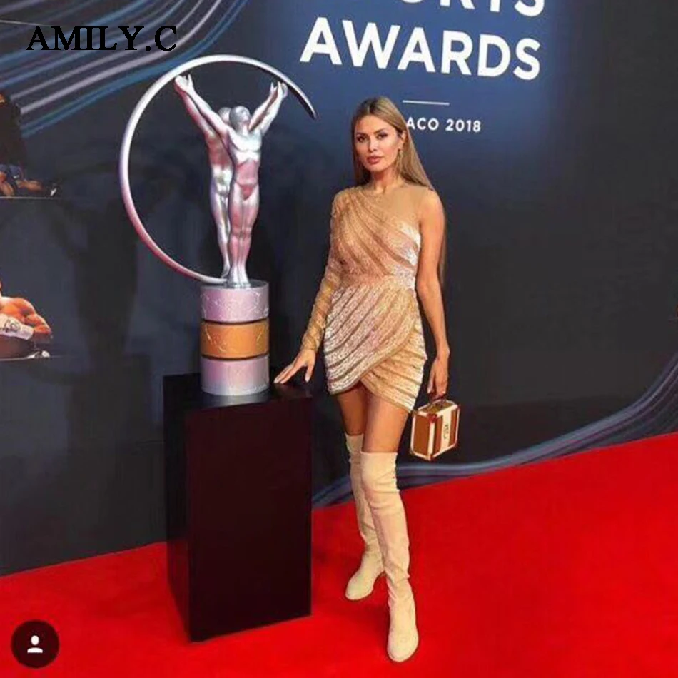 Женское мини-платье с одним плечом Amily.c облегающее платье длинными рукавами