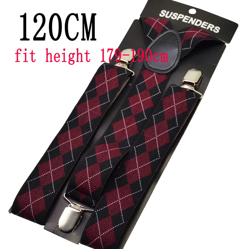 120cm 120 см мужские подтяжки 3,5 см широкий женский большой размер подтяжки 3 клип на Y-Back плед черный вино красный подтяжки эластичные BY13 - Цвет: 120cm