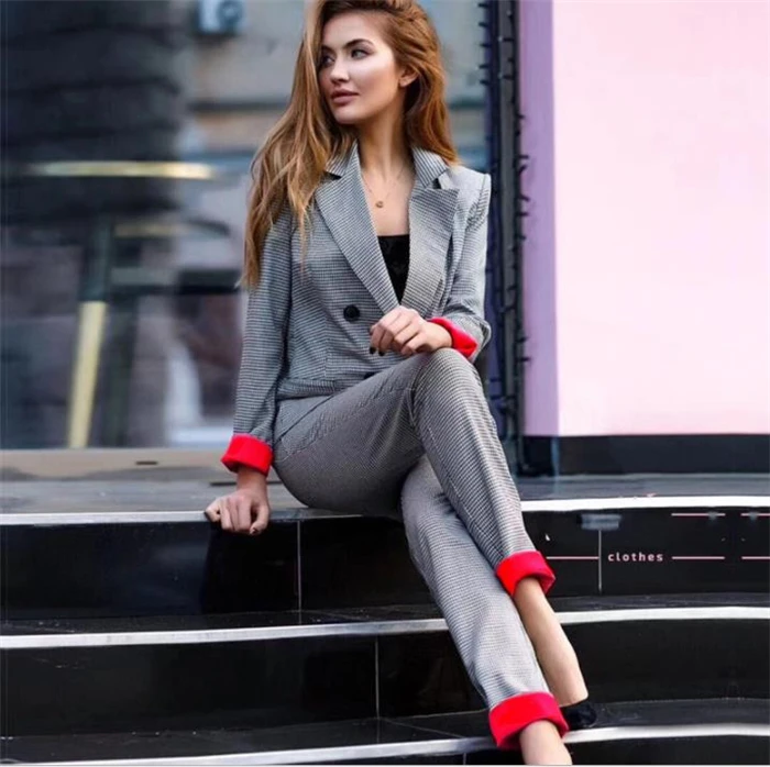 

2019 Spring Autumn Double Breasted Office Ladies Plaid Blazer suits sets Fashion Women Cuff roll long pants blazers sets