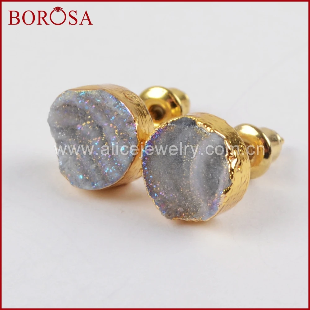 Круглые серьги-гвоздики BOROSA G1379 золотого цвета из титана AB Galaxy Druzy Quartz модные с