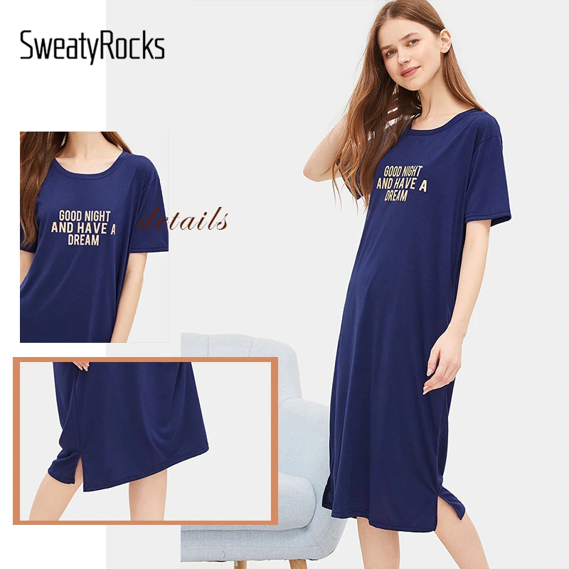 SweatyRocks военно-морского флота с буквенным принтом трусы летние Для женщин Повседневное с круглым вырезом Ночная сорочка с короткими рукавами длинные ночные рубашки