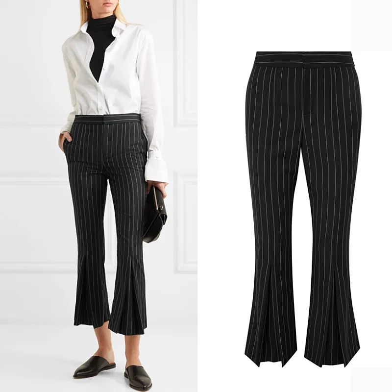 

Autumn Female high waist longer length corduroy flare trousers women's was thin split on the bottom fashion striped pants wq632
