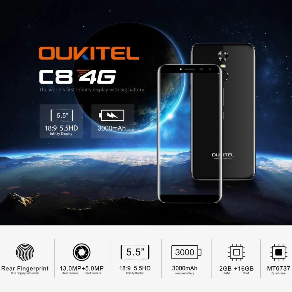 OUKITEL C8 2 ГБ + 16 смартфон отпечатков пальцев ID 5 дюймов Android 7 0 MTK6737 4 ядра LTE г Dual SIM ОТА