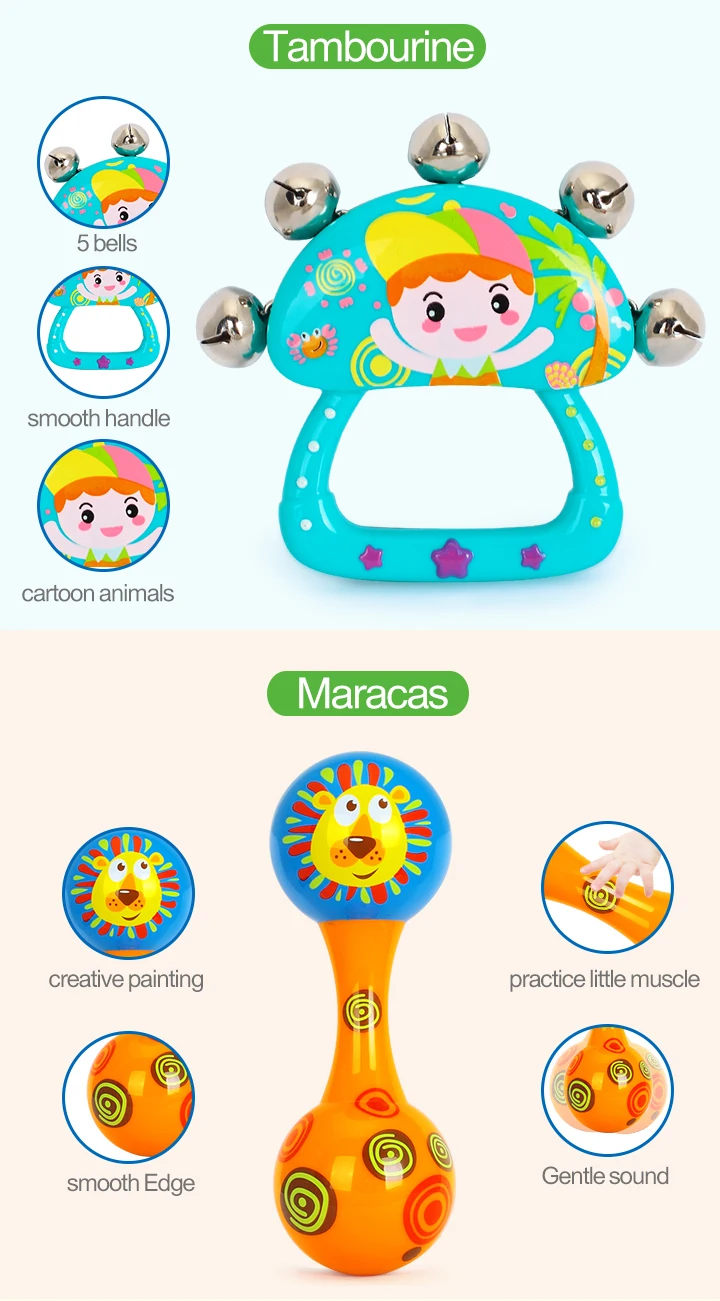 6 шт./компл. HUILE игрушки 3102 детские игрушки колокольчики музыкальные Тамбурины игрушки из мультфильмов Музыкальные яйца с песком Погремушки барабан колокольчик игрушки для детей возраста от 0 до 12 месяцев