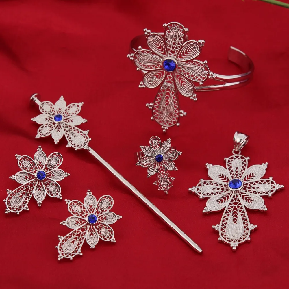 Bangrui Bright Silver Ethiopian Cross Pendant/Hairpin Earrings/Ring/Bangle Jewelry Africa Bride Wedding Eritrea | Украшения и