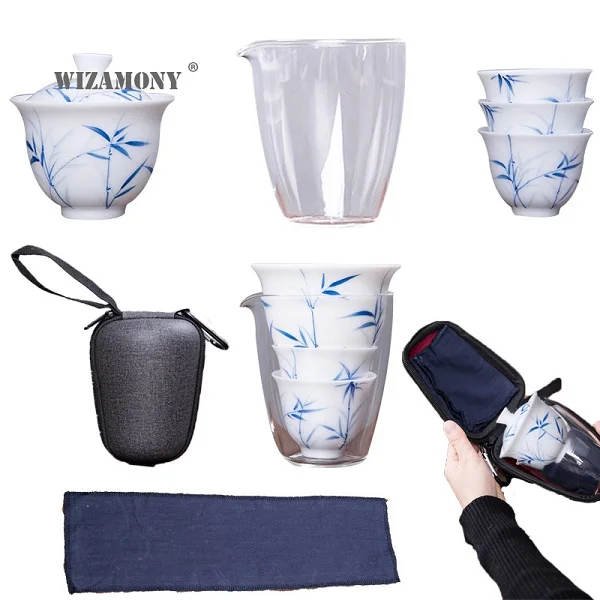 Bamboo WIZAMONY дорожная сумка китайский чайный набор кунг-фу gaiwan Чайник чашки ярмарка кружка Чайные Наборы белая керамика fot подарок пуэр посуда для напитков - Цвет: Bamboo