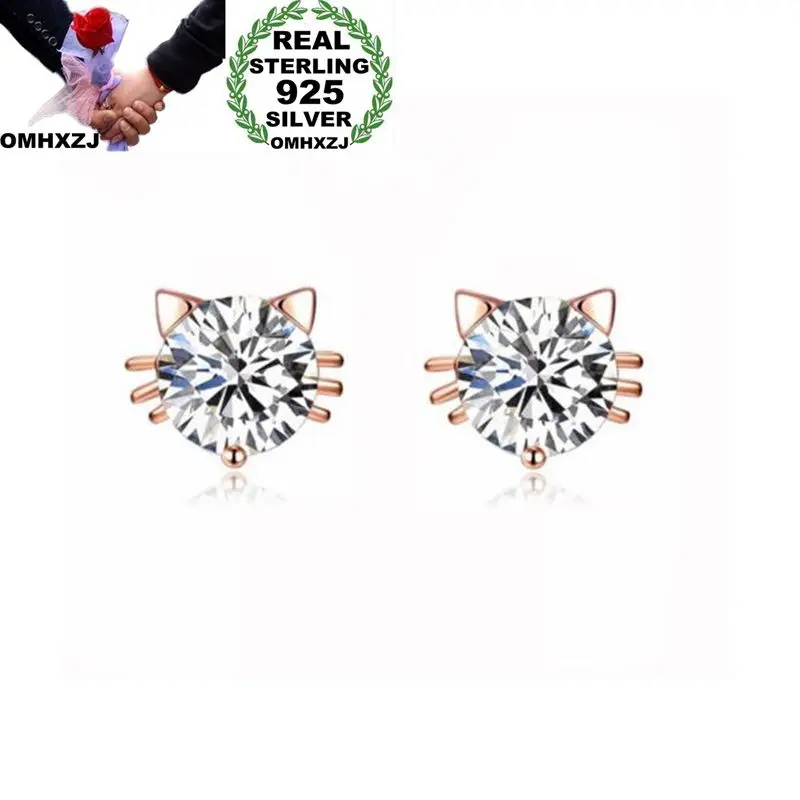 

OMHXZJ Wholesale European Fashion Woman Girl Party Wedding Gift Cat Zircon 925 Sterling Silver 18KT RoseGold Stud Earrings EA126