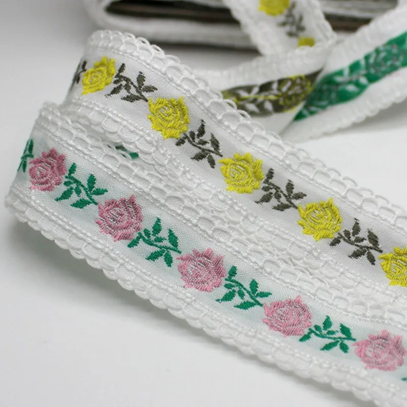 

3 yards 2.5 cm Pink Yellow Embroidered Flower Webbing Cosplay Garment Bags Trimmings Wedding Dress Ribbon Polyester Cotton