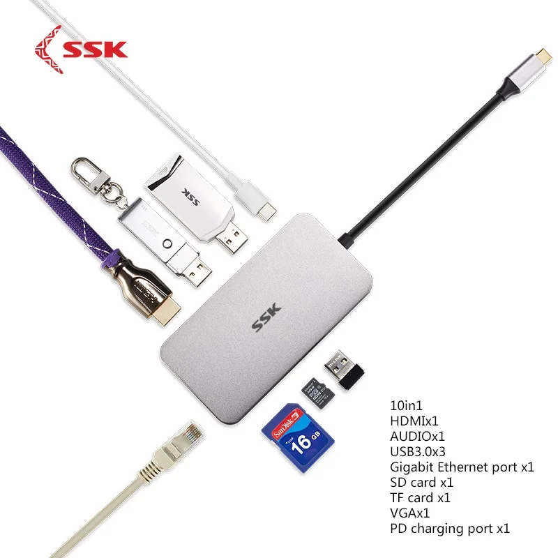 ССК тип-c концентратор usb-хаб тип-c к USB 3,0/HDMI 4 K/VGA 1080 P/SD/TF/Gigabit RJ45/аудио SD/TF карта USB3.1 GEN1 для ноутбука планшета - Цвет: 10 in 1
