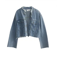 perhaps u women short cropped denim blue jacket button front long sleeves jean jackets stand collar c0006