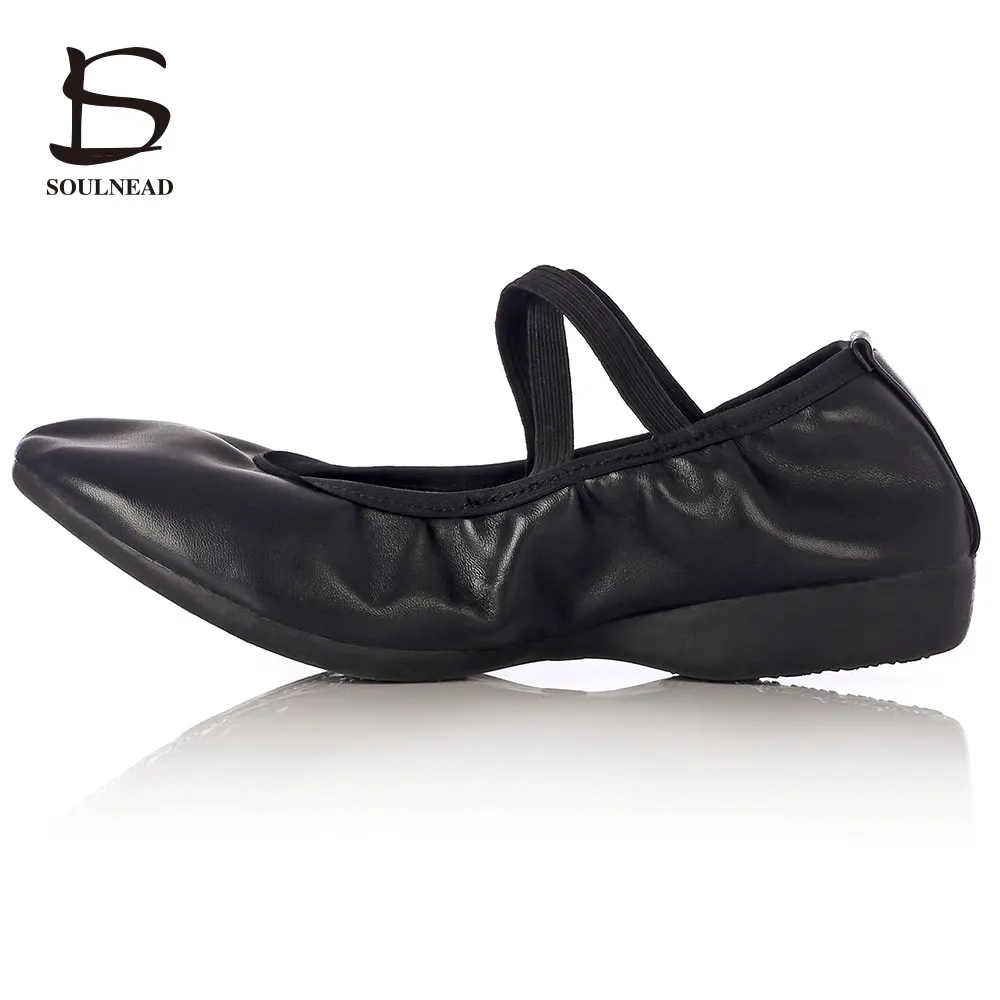 Leather black Женские балетки, танцевальная обувь для бального зала, туфли для латинских танцев, Современная обувь из натуральной кожи на квадратном каблуке, Румба Сальса - Цвет: Leather black
