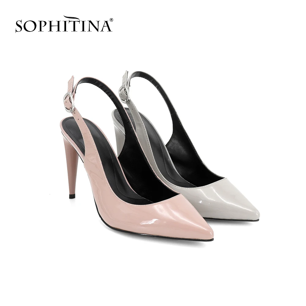 SOPHITINA/Хит 2019г.; Высококачественные босоножки из натуральной кожи; Модная обувь на тонком конусовидном каблуке с открытой пяткой; Открытая пяточная часть дополнена ремешком, который фиксирует изделие на стопе SC56
