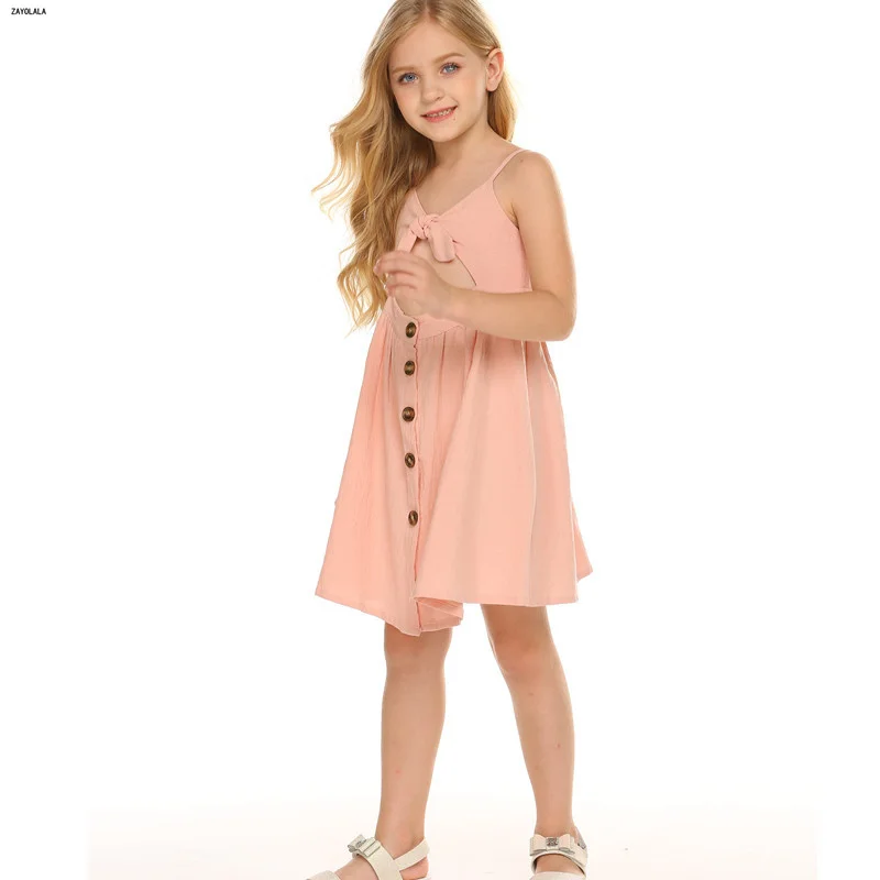 Summer Dress For Kid Girls Sleeveless A-line Princess Casual Irregular Spaghetti Strap Bow-Knot Backless Button | Детская одежда и
