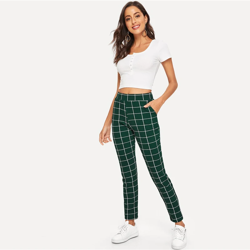 SweatyRocks/уличная одежда с эластичным поясом и наклонным карманом в клетку; женские зауженные клетчатые брюки; коллекция года; повседневные длинные брюки для активного отдыха