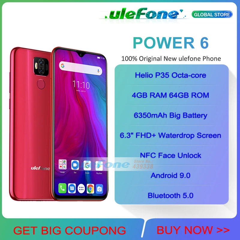 Ulefone power 6 6350 мАч Android 9,0 Helio P35 Восьмиядерный мобильный телефон 4 ГБ ОЗУ 64 Гб ПЗУ 6,3 ''Face ID NFC 4G поддержка американского диапазона