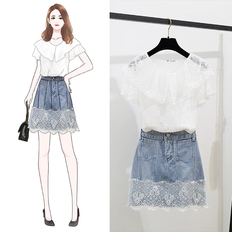 Женский модный комплект одежды из 2 предметов джинсовая юбка с прострочкой