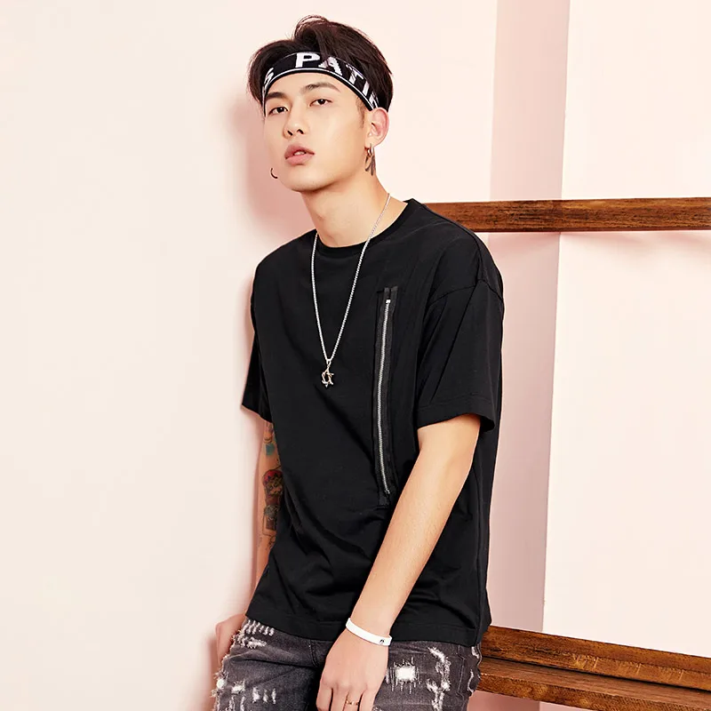 Men's Short Sleeve Cotton T-shirt 2018 Summer New Loose Style Solid Color O-Neck Zipper Decoration Basic Tees 82DT169LN | Мужская
