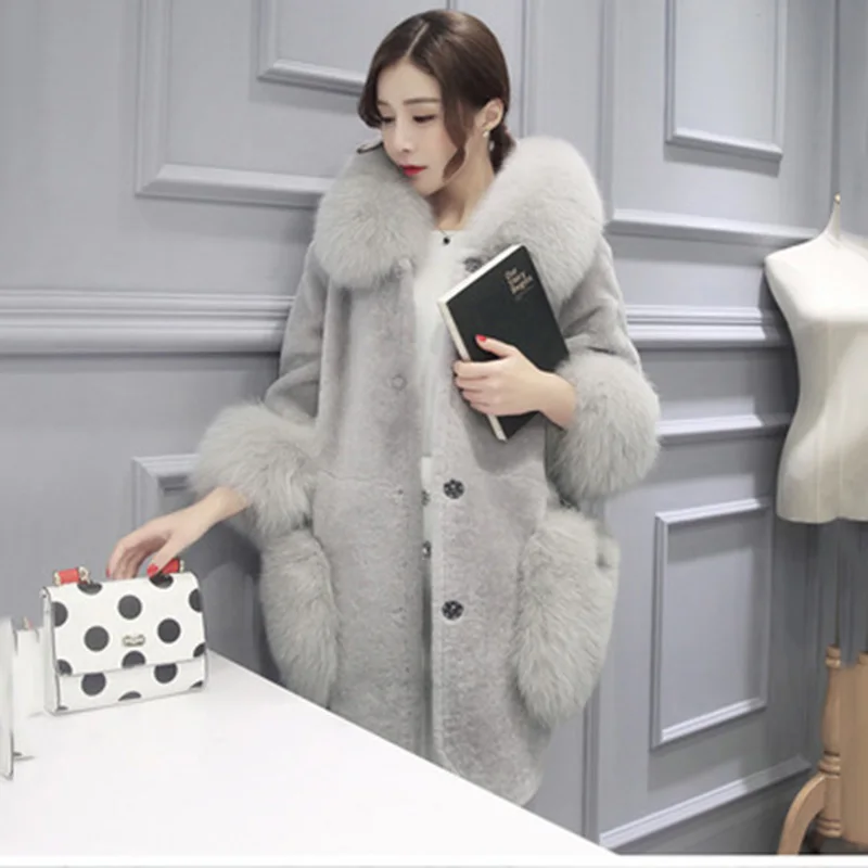 gray Genuo Winter Luxury Faux Fox Fur Coat Slim Long Faux Fur Jacket Overcoat Women Hooded Fur Pocket Warm Coat Outwear Party Clothes - Цвет: gray