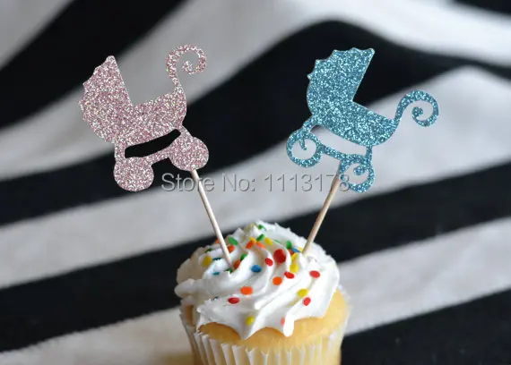 

cheap Baby Carriage Glitter Cupcake Toppers : Baby Shower/Gender Reveal party Toothpicks - Food Picks wedding bridal shower