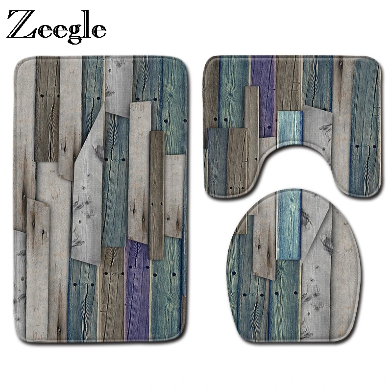Zeegle 3 Pcs Bath Mats Wood Grain Carpet Anti Slip Bathroom Mat Set Flannel Floor Rugs Washable Toilet | Дом и сад