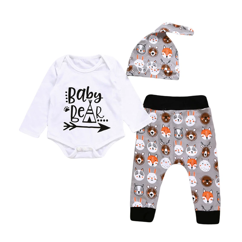 3PCS Baby Unisex Cartoon Clothes Set Fall Newborn Boy Girl Romper Beer Print Pants Outfits 2017 New Bebes Kids Clothing | Детская одежда