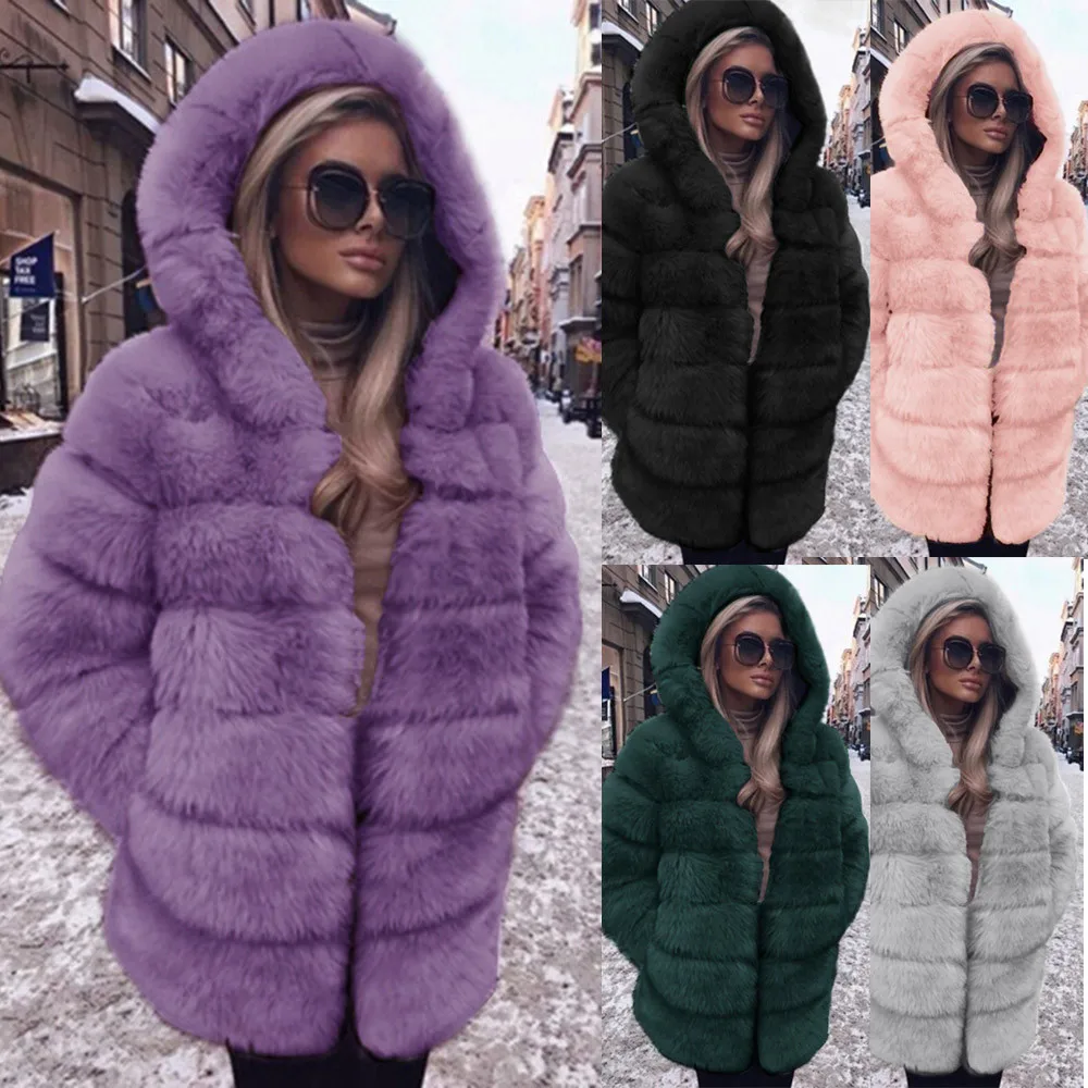 Женское модное роскошное пальто из искусственного меха теплое с капюшоном на