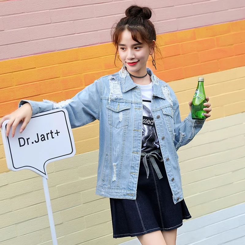 

Autumn Winter Women Jeans Jacket Coat Korean Women Denim Coat Loose Holes Denim Jacket For Women Fashion Jackets Female
