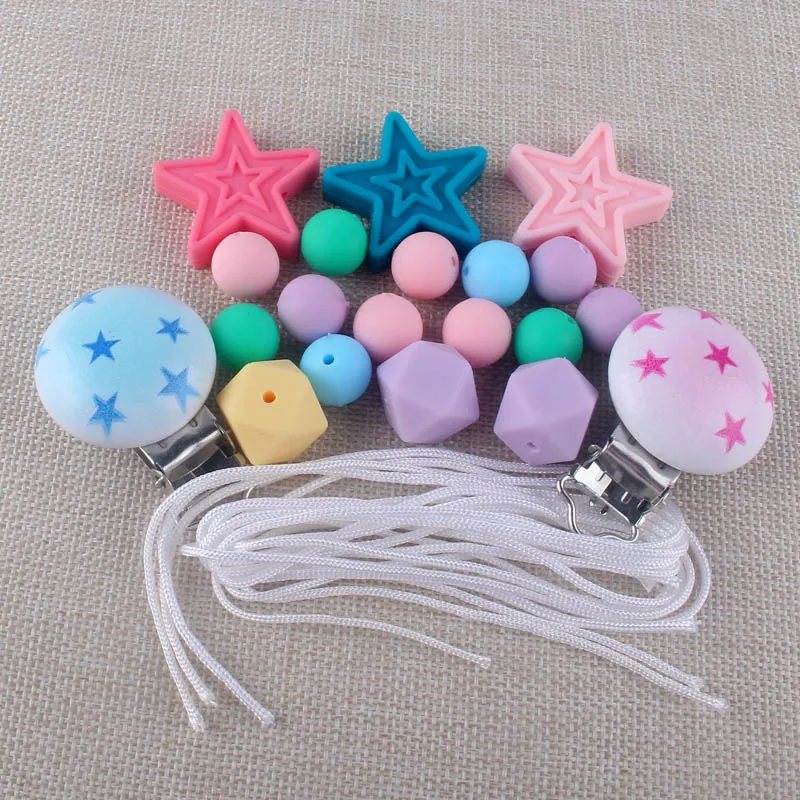 

10Pcs Candy Color Star Eco-friendly Wooden Round Dummy Feeding Clip Pacifiers Holder Clip