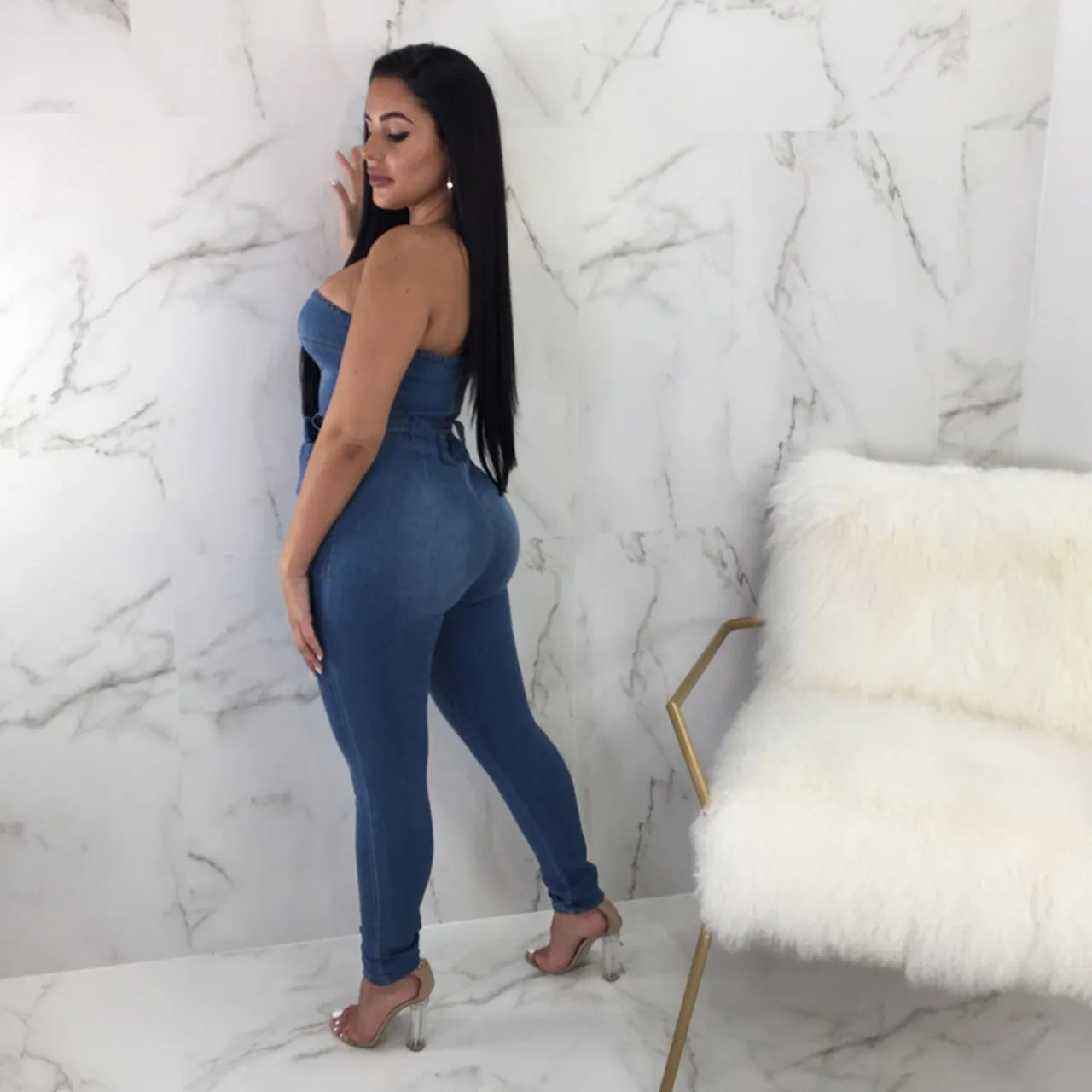 Женский комбинезон без рукавов с бантом облегающий джинсовый сексуальный