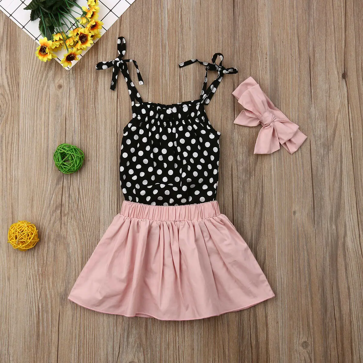 3PCS Newborn Toddler Clothes Baby Girls Romper+Dress Shorts+Headband Outfit Sets Shorts Sleeveless Dot Princess |