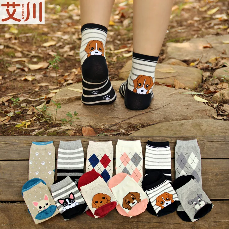 6 цветов женские Носки с рисунком собаки хлопчатобумажные забавные носки