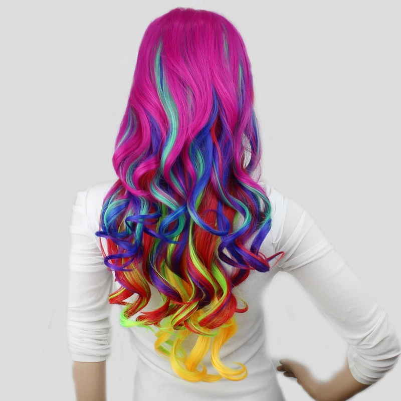 Yiyaobess Synthetic Black Red Highlights Hair Wig With Bangs Halloween Costume Party Long Wavy Rainbow Colored Wigs For Women