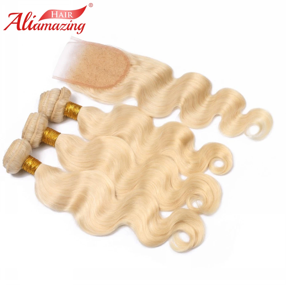 Ali Amazing Hair 613 Blonde Brazilian Body Wave Human Bundles with Closure 3 4x4 Lace Natural Color | Шиньоны и парики