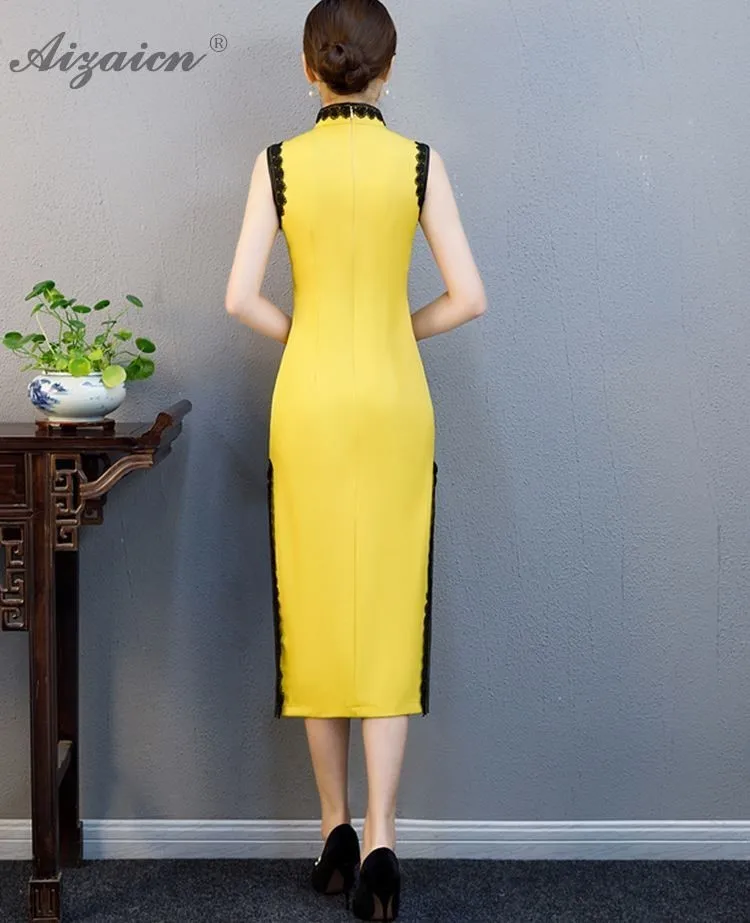 Весна Лето Новые Длинные Cheongsam современные тонкие без рукавов Qi Pao Chinoise желтые кружевные платья женское китайское платье Qipao Robe