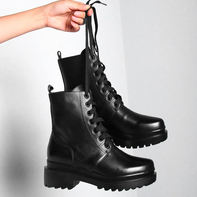 Jual ASUMER 2022 Sepatu Kulit Asli Baru Sepatu Bot Pergelangan Kaki Berenda Ujung Bulat Sepatu Prom Klasik Hak Persegi Sepatu Bot Wanita Musim Gugur Musim Dingin