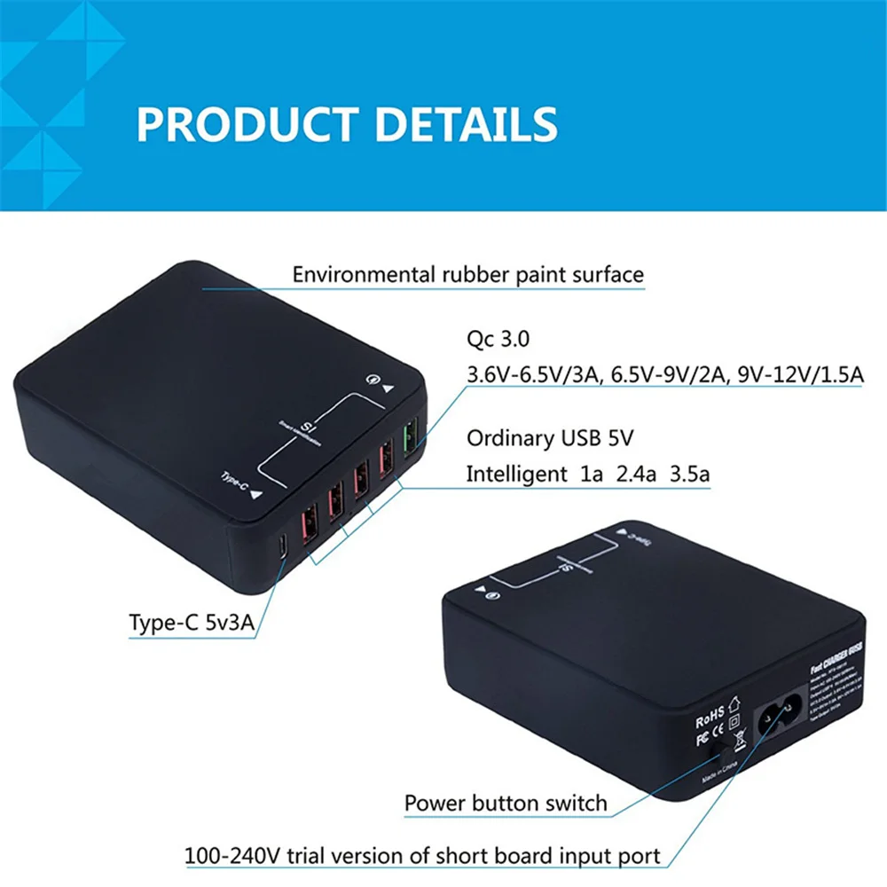 Быстрая зарядка 3 0 Mini 6 портов USB Автомобильное зарядное устройство с Qualcomm QC 5 в 9 12