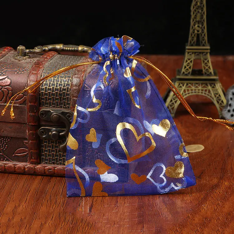 Royal Blue 100 шт./лот, маленькие сумки из органзы, 7x9 см, дизайн сердца, сумка для свадебных ювелирных изделий, сумка на шнурке, красивые шармы, подарки, упаковка для ювелирных изделий, сумки - Цвет: Royal Blue