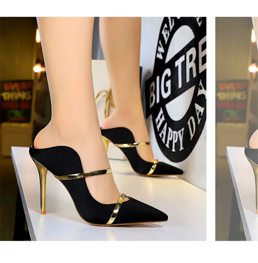 7 Colors Solid Silk Women Slippers Pointed Toe Outdoor Sandals High Heels Woman Sexy Party Show Thin Ladies Shallow Summer Shoes