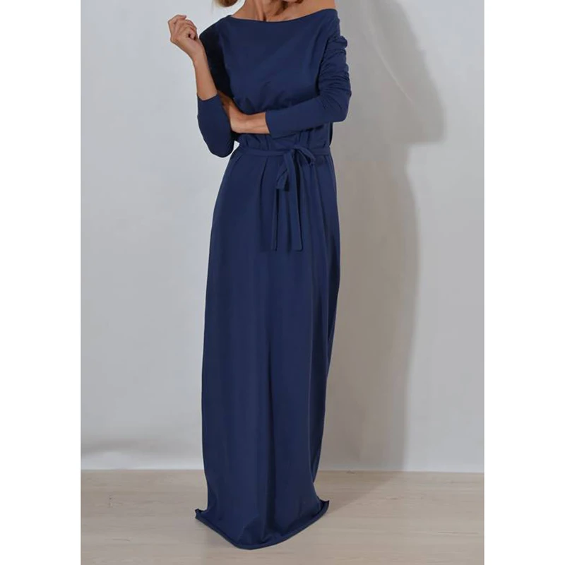 Navy Blue Осеннее женское длинное платье макси с вырезом лодочкой и поясом, зимние платья, повседневное однотонное платье с длинным рукавом, Повседневное платье размера плюс GV028 - Цвет: Navy Blue