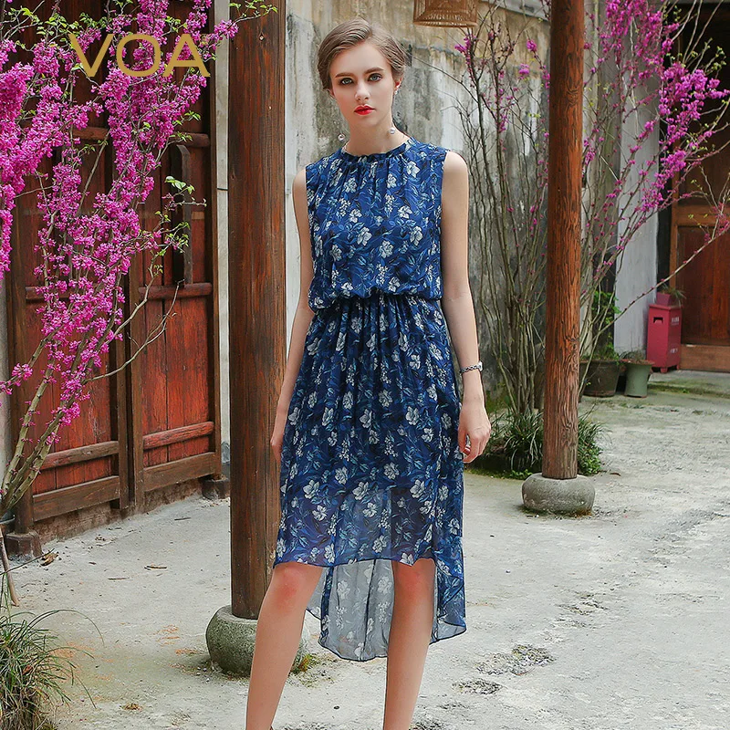 VOA Summer шёлковая печать женщины без рукава сексуальный досуг нерегулярный тонкий