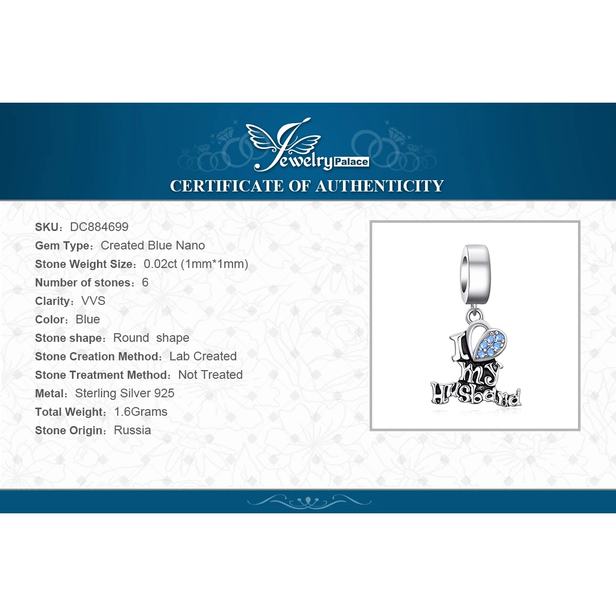 JewelryPalace я люблю своего мужа создан Синий Nano Сердце 925 пробы серебра очарование подходят Браслеты шарик шарма очаровательные модные