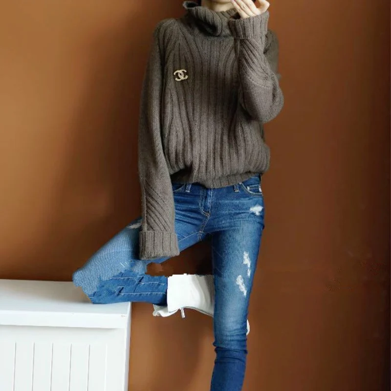

BELIARST Autumn and Winter Thick High Collar Pullovers Women Loose and Lightweight Cashmere Bat Sleeves Knitted Bottom Sweaters