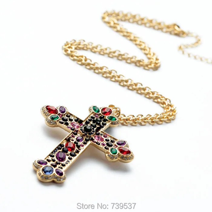 Романтический Стиль золото Цвет большой ful Стекло крест кулон длинная цепь