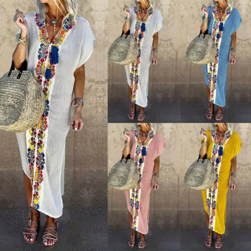 Модное женское хлопковое льняное мешковатое платье с v-образным вырезом и