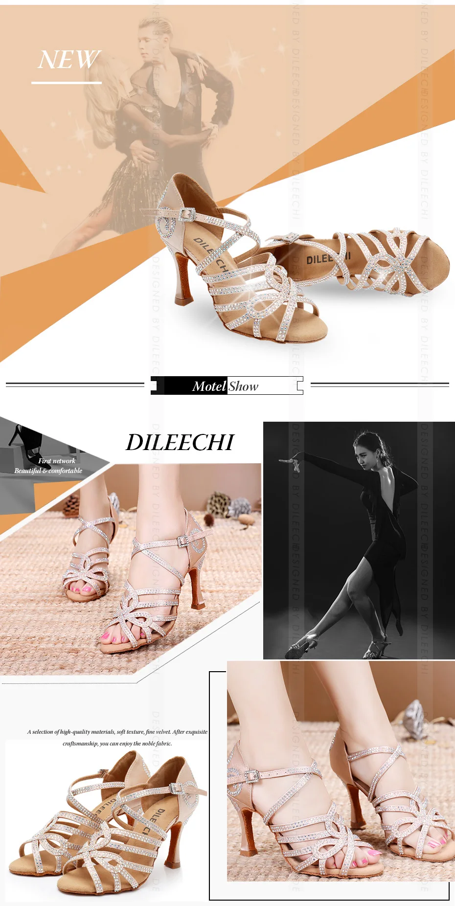 DILEECHI Latin dance shoes double Rhinestone shining Skin Black satin women Ballroom dancing shoes Cuba heel 9cm New Arrival