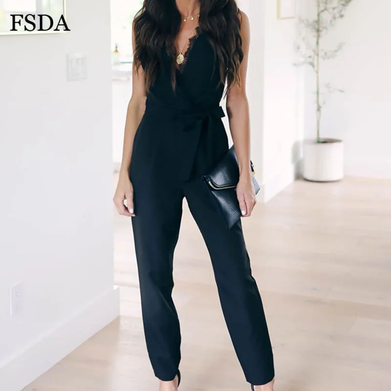 Женский кружевной комбинезон FSDA черный повседневный с глубоким треугольным