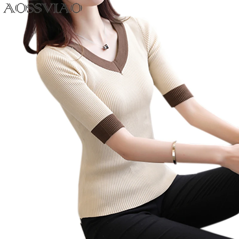 2022 Spring Summer Women Clothes knitting Sweaters Pullpvers Undershirts Woman's thin tight slim Sexy Simple Bottoming shirt | Женская