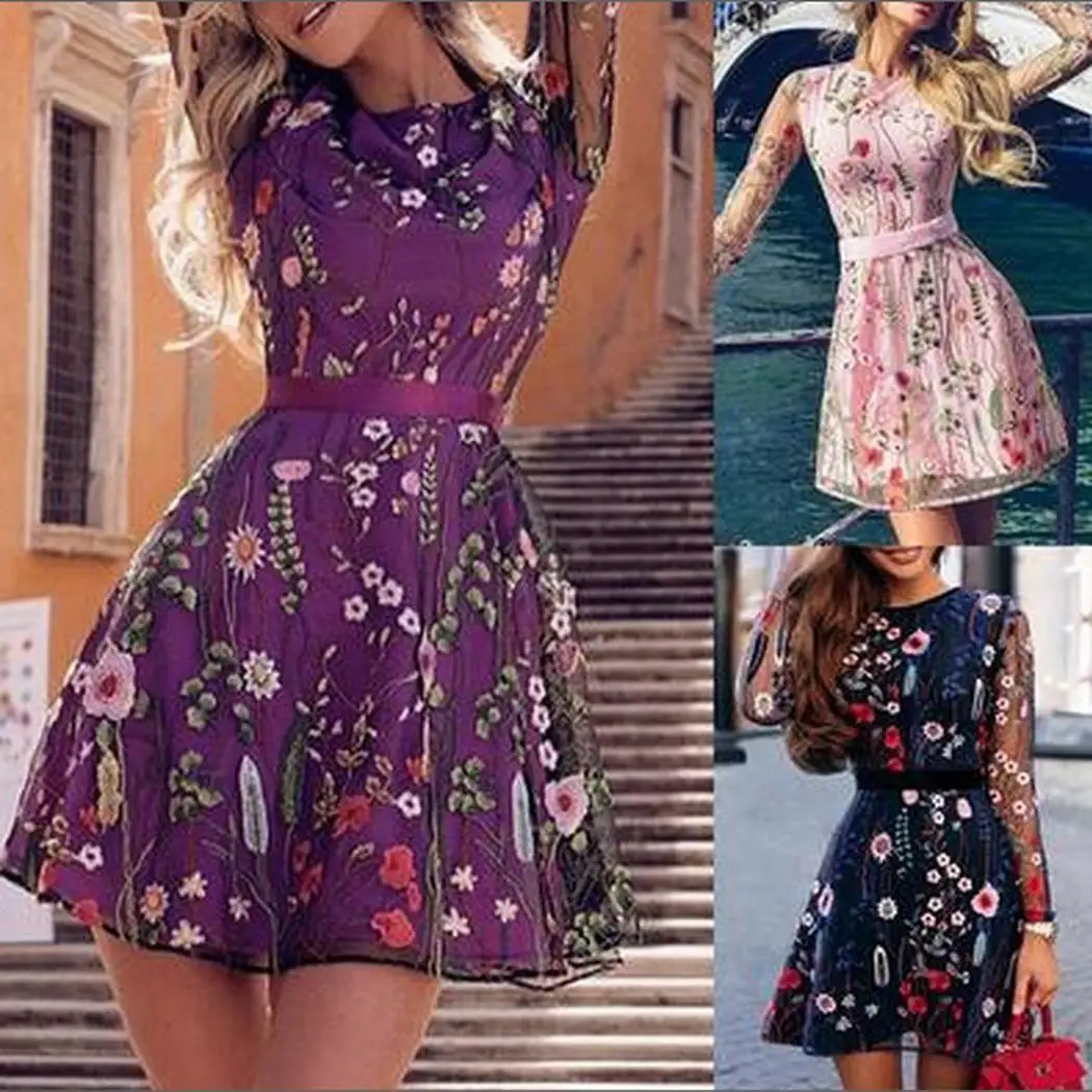 Женское повседневное Сетчатое платье с круглым вырезом и длинным рукавом